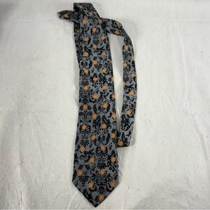VTG Christian Dior Monsieur 100% Silk Neck Tie Gray Oranges Vines 3 7/8”
